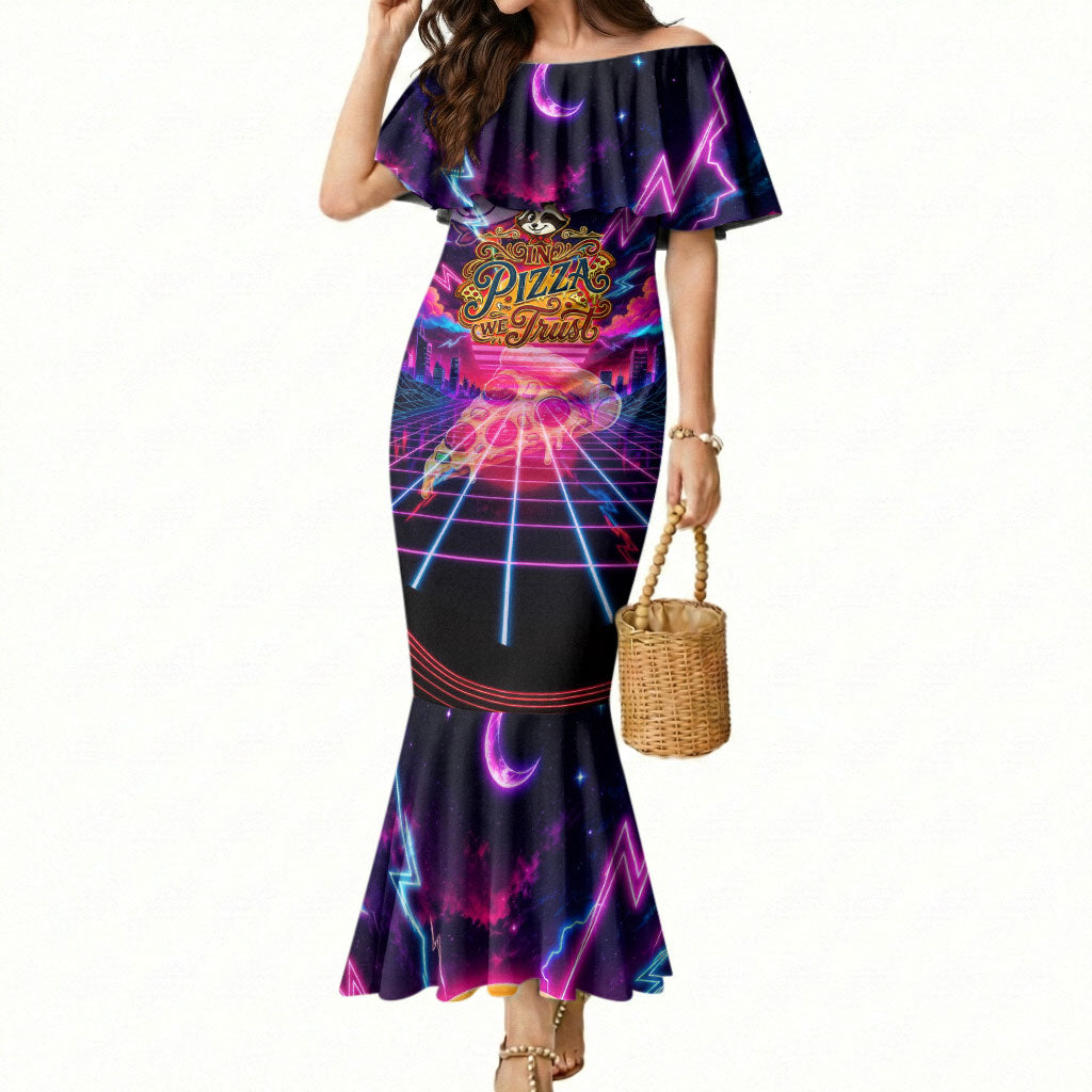 Retro Raccoon Eating Pizza Mermaid Dress 80s Synthwave Pizza Arcade Neon Gaming Aesthetic