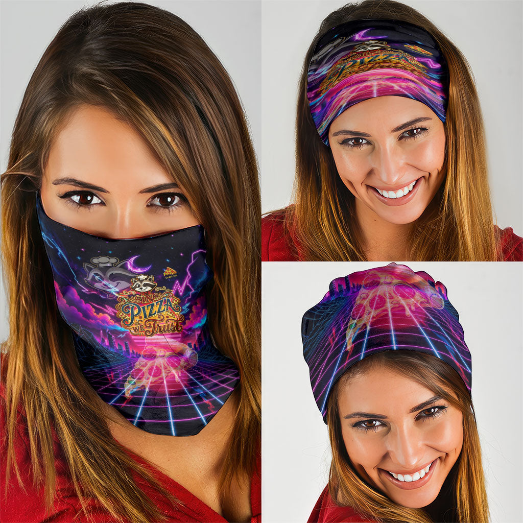 Retro Raccoon Eating Pizza Neck Gaiter 80s Synthwave Pizza Arcade Neon Gaming Aesthetic