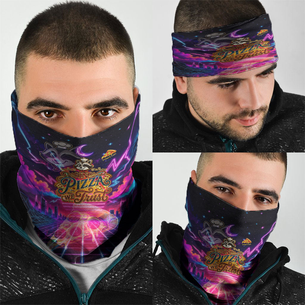 Retro Raccoon Eating Pizza Neck Gaiter 80s Synthwave Pizza Arcade Neon Gaming Aesthetic