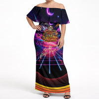Retro Raccoon Eating Pizza Off Shoulder Maxi Dress 80s Synthwave Pizza Arcade Neon Gaming Aesthetic