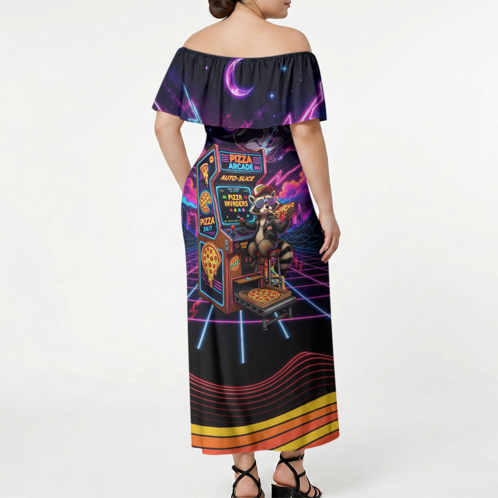 Retro Raccoon Eating Pizza Off Shoulder Maxi Dress 80s Synthwave Pizza Arcade Neon Gaming Aesthetic