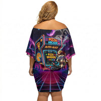 Retro Raccoon Eating Pizza Off Shoulder Short Dress 80s Synthwave Pizza Arcade Neon Gaming Aesthetic