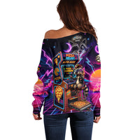 Retro Raccoon Eating Pizza Off Shoulder Sweater 80s Synthwave Pizza Arcade Neon Gaming Aesthetic