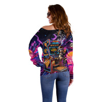 Retro Raccoon Eating Pizza Off Shoulder Sweater 80s Synthwave Pizza Arcade Neon Gaming Aesthetic
