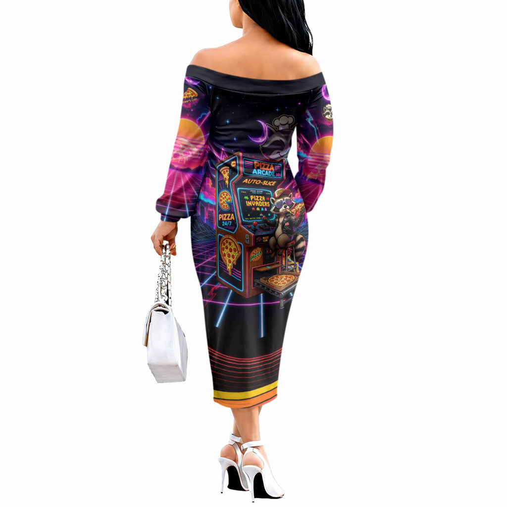 Retro Raccoon Eating Pizza Off The Shoulder Long Sleeve Dress 80s Synthwave Pizza Arcade Neon Gaming Aesthetic