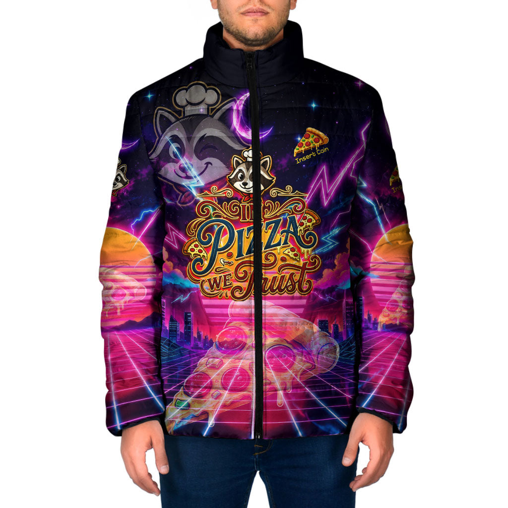Retro Raccoon Eating Pizza Padded Jacket 80s Synthwave Pizza Arcade Neon Gaming Aesthetic