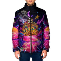 Retro Raccoon Eating Pizza Padded Jacket 80s Synthwave Pizza Arcade Neon Gaming Aesthetic