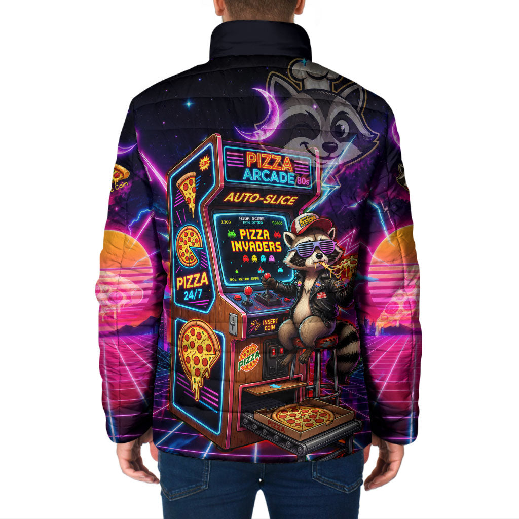 Retro Raccoon Eating Pizza Padded Jacket 80s Synthwave Pizza Arcade Neon Gaming Aesthetic