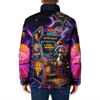 Retro Raccoon Eating Pizza Padded Jacket 80s Synthwave Pizza Arcade Neon Gaming Aesthetic