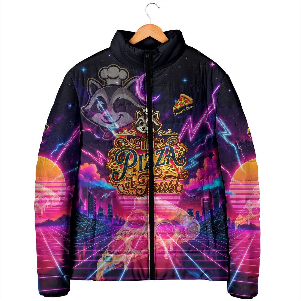 Retro Raccoon Eating Pizza Padded Jacket 80s Synthwave Pizza Arcade Neon Gaming Aesthetic