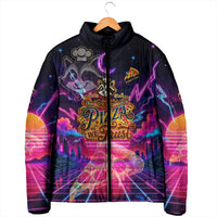 Retro Raccoon Eating Pizza Padded Jacket 80s Synthwave Pizza Arcade Neon Gaming Aesthetic