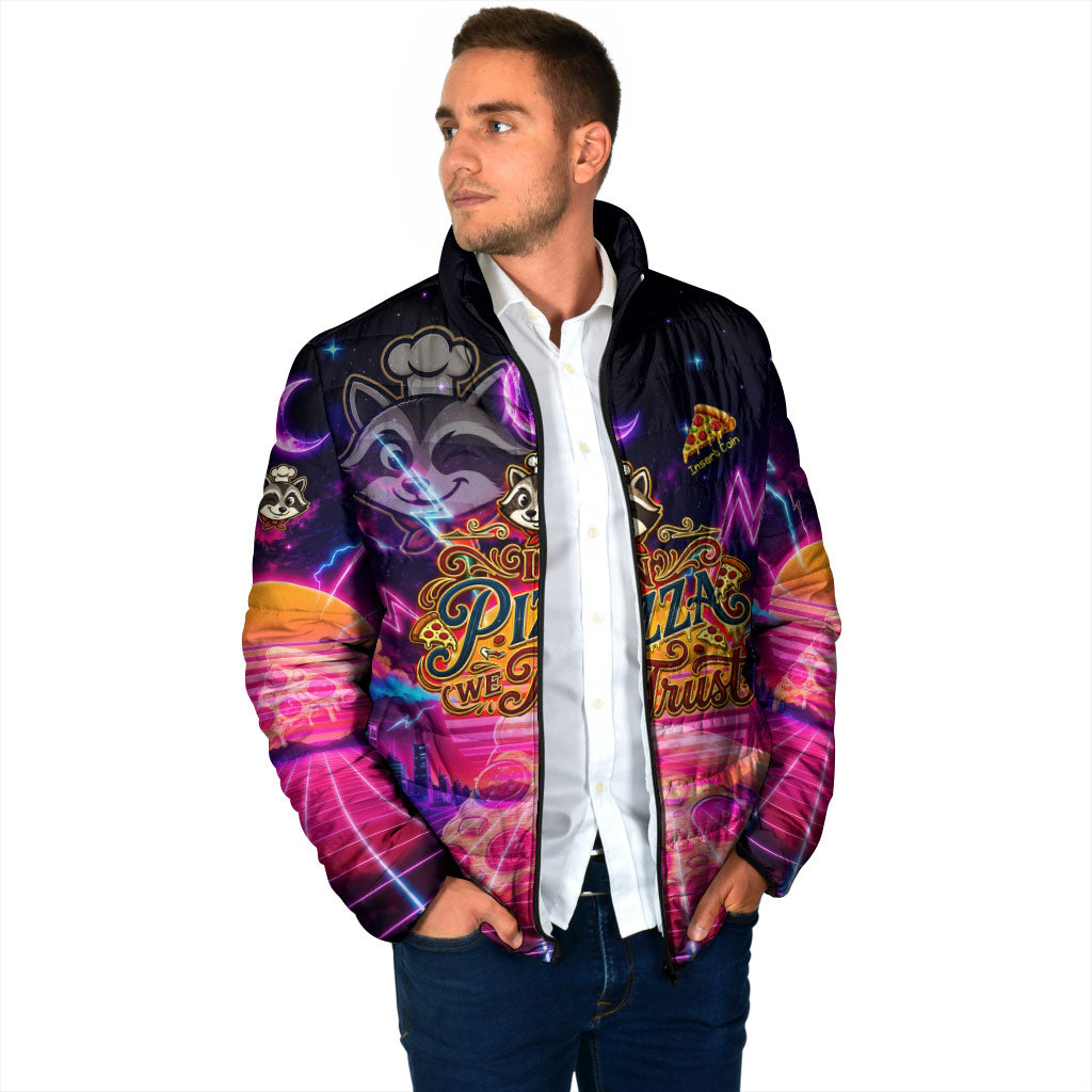 Retro Raccoon Eating Pizza Padded Jacket 80s Synthwave Pizza Arcade Neon Gaming Aesthetic