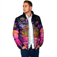 Retro Raccoon Eating Pizza Padded Jacket 80s Synthwave Pizza Arcade Neon Gaming Aesthetic