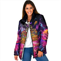 Retro Raccoon Eating Pizza Padded Jacket 80s Synthwave Pizza Arcade Neon Gaming Aesthetic