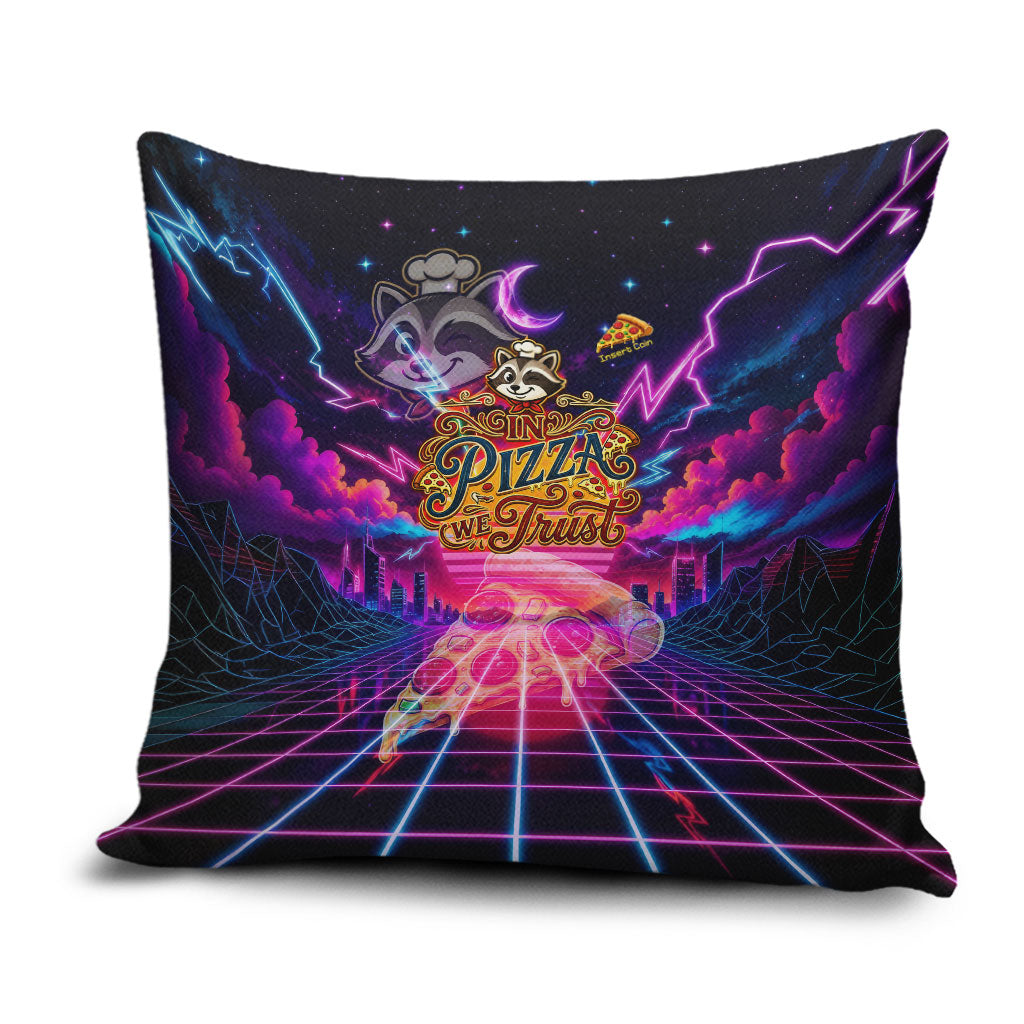 Retro Raccoon Eating Pizza Pillow Cover 80s Synthwave Pizza Arcade Neon Gaming Aesthetic
