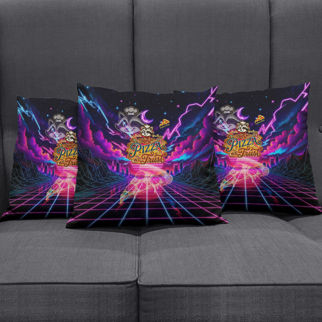 Retro Raccoon Eating Pizza Pillow Cover 80s Synthwave Pizza Arcade Neon Gaming Aesthetic