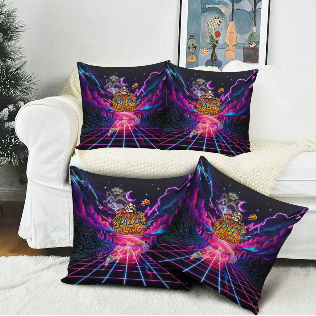 Retro Raccoon Eating Pizza Pillow Cover 80s Synthwave Pizza Arcade Neon Gaming Aesthetic