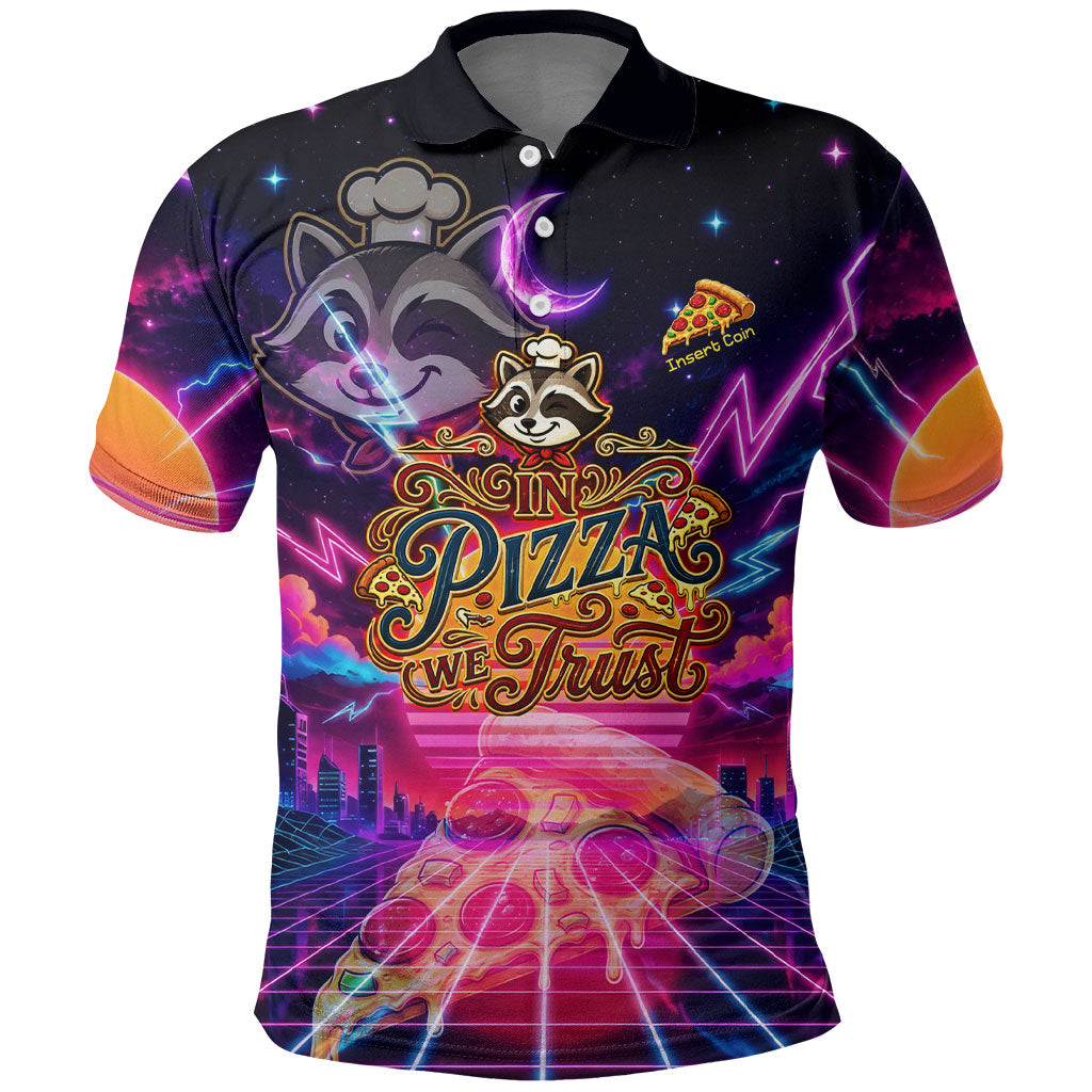 Retro Raccoon Eating Pizza Polo Shirt 80s Synthwave Pizza Arcade Neon Gaming Aesthetic
