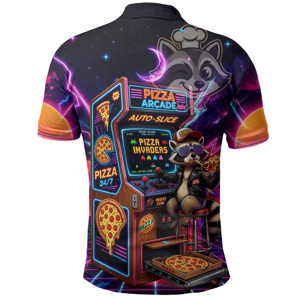 Retro Raccoon Eating Pizza Polo Shirt 80s Synthwave Pizza Arcade Neon Gaming Aesthetic