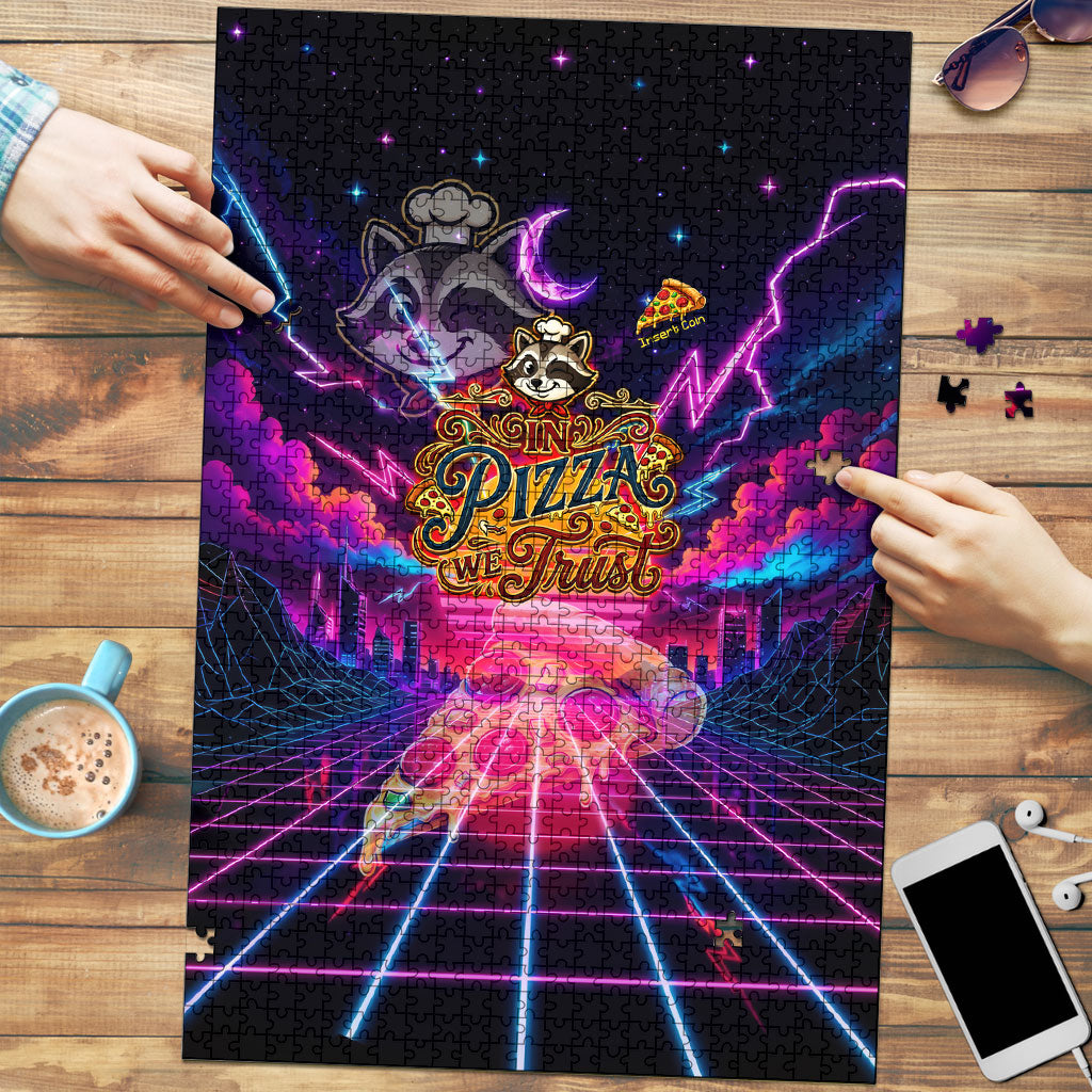 Retro Raccoon Eating Pizza Puzzle 80s Synthwave Pizza Arcade Neon Gaming Aesthetic