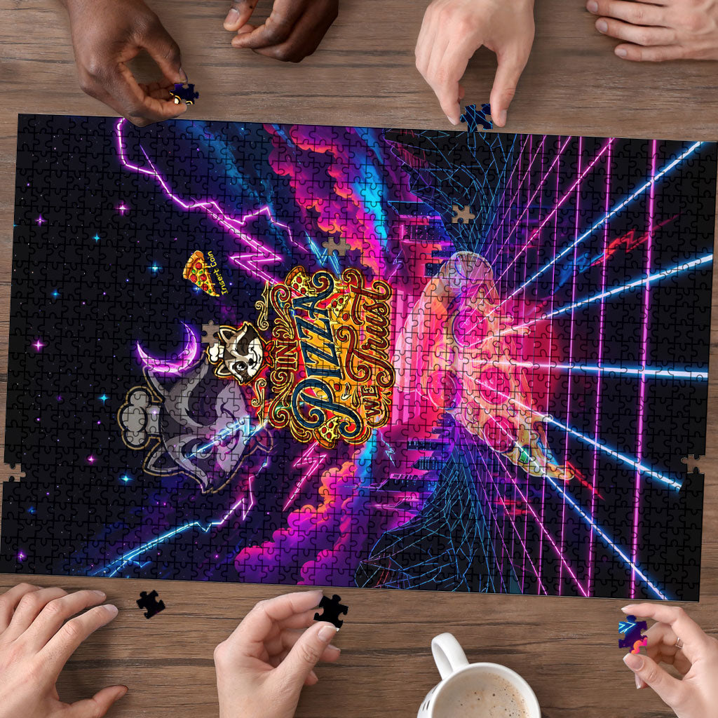 Retro Raccoon Eating Pizza Puzzle 80s Synthwave Pizza Arcade Neon Gaming Aesthetic