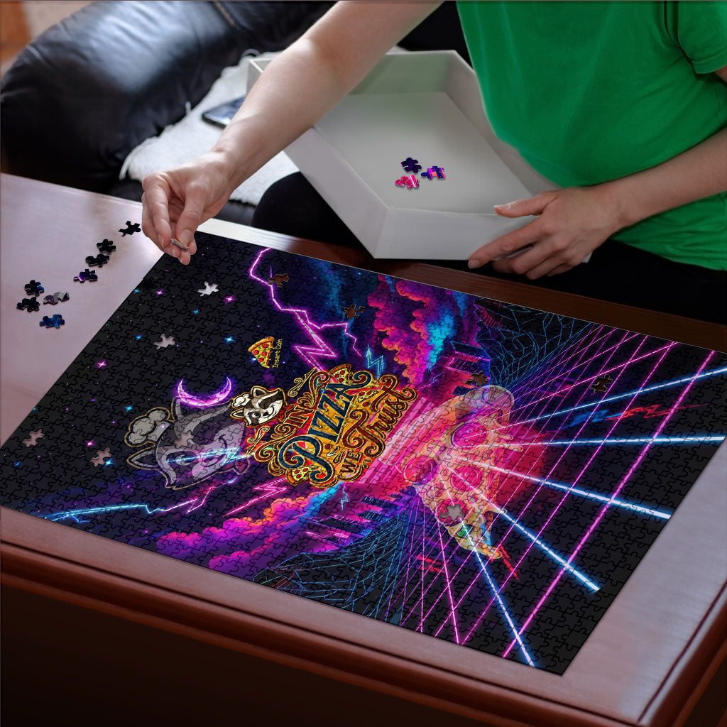 Retro Raccoon Eating Pizza Puzzle 80s Synthwave Pizza Arcade Neon Gaming Aesthetic