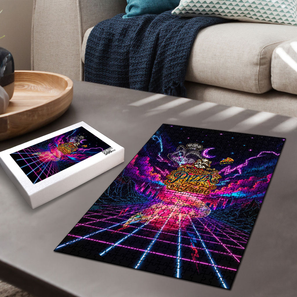 Retro Raccoon Eating Pizza Puzzle 80s Synthwave Pizza Arcade Neon Gaming Aesthetic