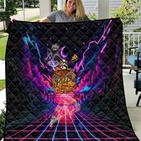 Retro Raccoon Eating Pizza Quilt 80s Synthwave Pizza Arcade Neon Gaming Aesthetic