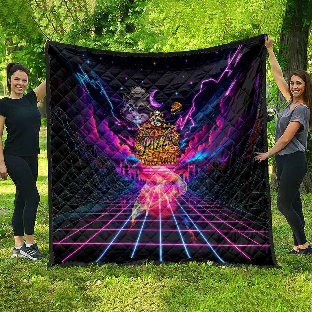 Retro Raccoon Eating Pizza Quilt 80s Synthwave Pizza Arcade Neon Gaming Aesthetic