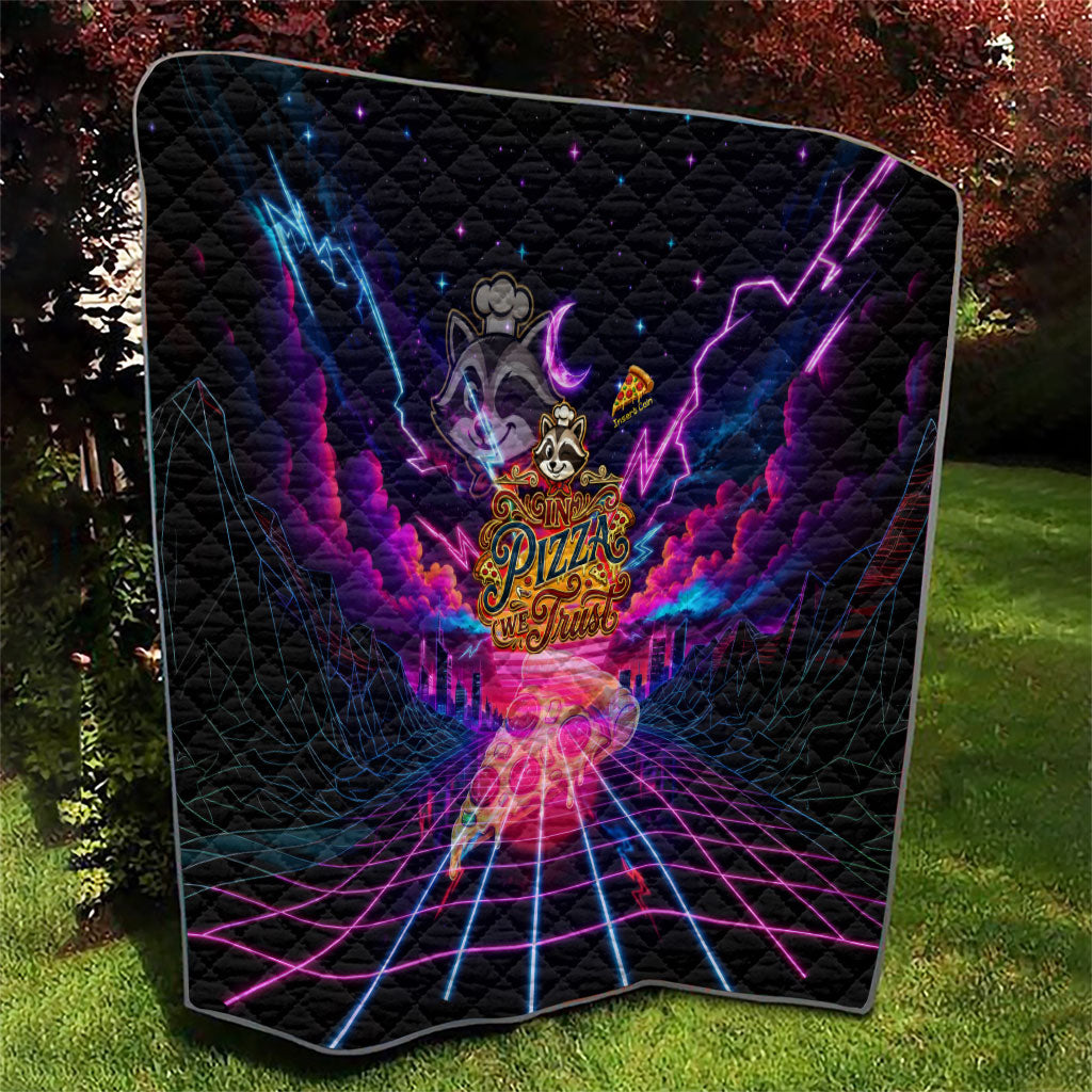 Retro Raccoon Eating Pizza Quilt 80s Synthwave Pizza Arcade Neon Gaming Aesthetic