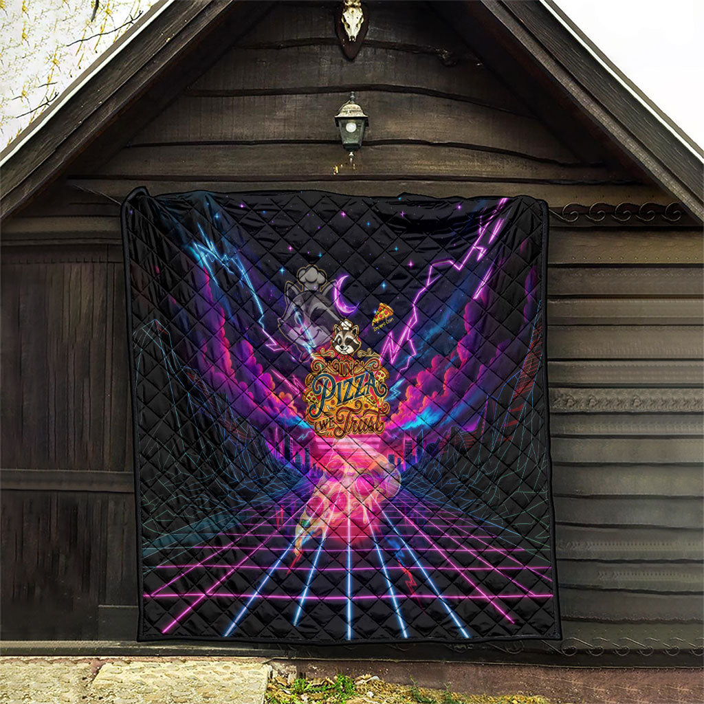 Retro Raccoon Eating Pizza Quilt 80s Synthwave Pizza Arcade Neon Gaming Aesthetic