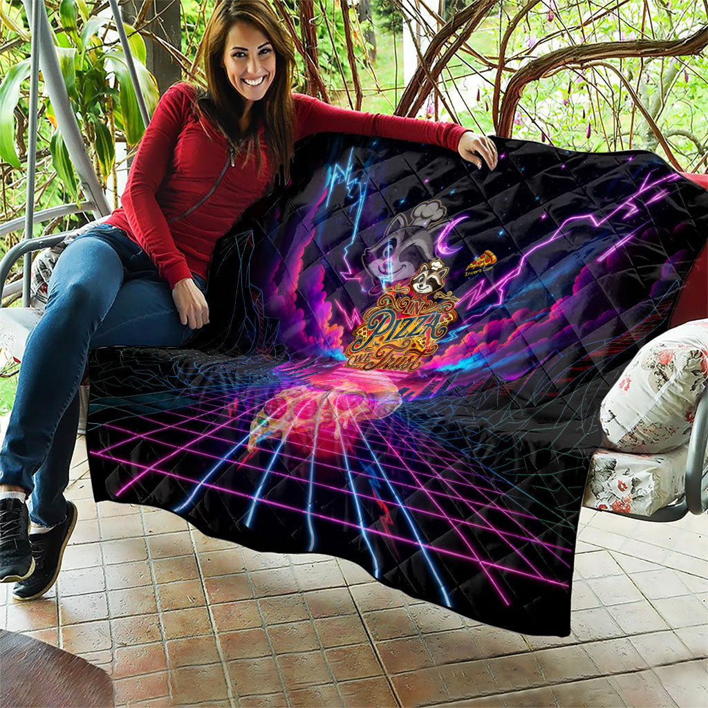 Retro Raccoon Eating Pizza Quilt 80s Synthwave Pizza Arcade Neon Gaming Aesthetic
