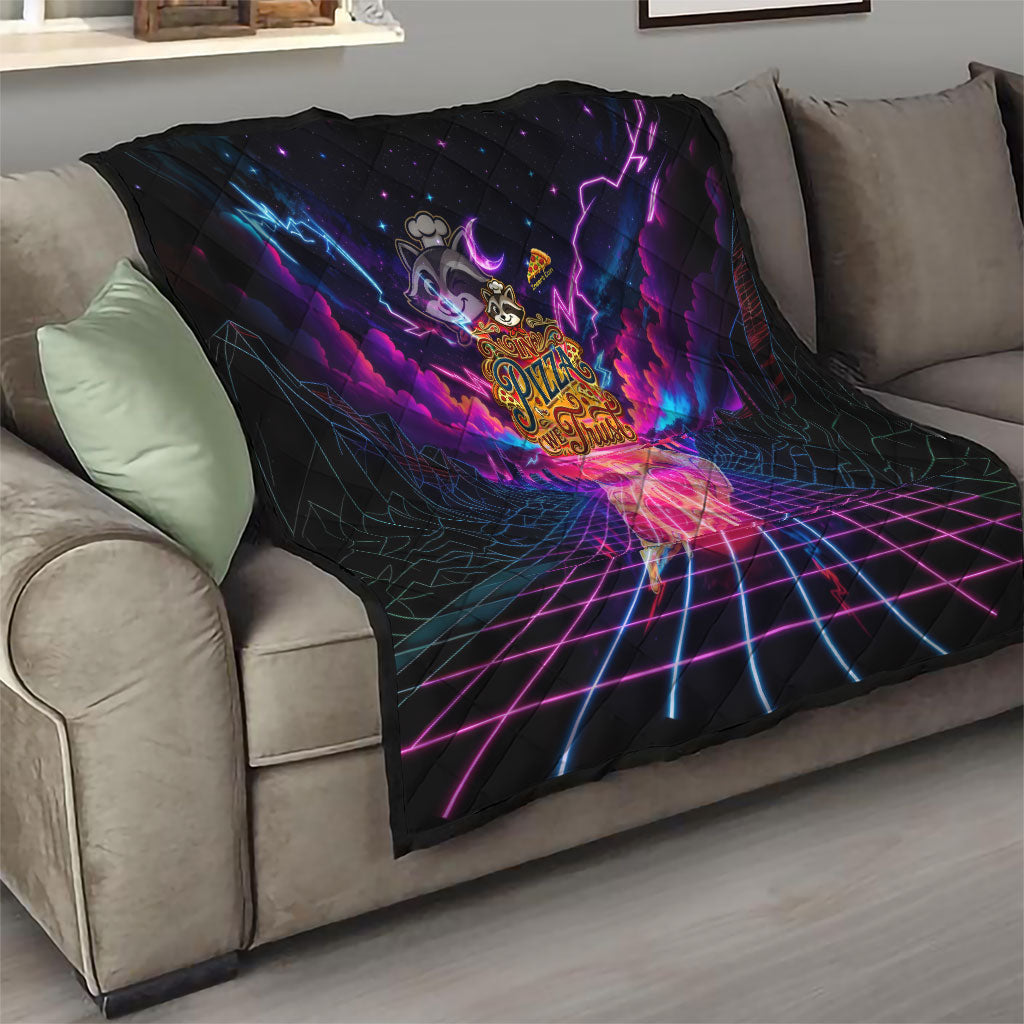 Retro Raccoon Eating Pizza Quilt 80s Synthwave Pizza Arcade Neon Gaming Aesthetic