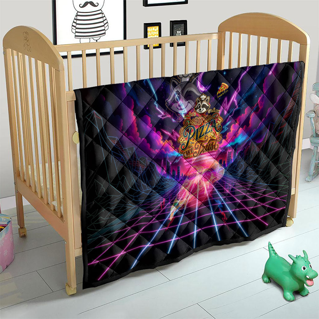 Retro Raccoon Eating Pizza Quilt 80s Synthwave Pizza Arcade Neon Gaming Aesthetic