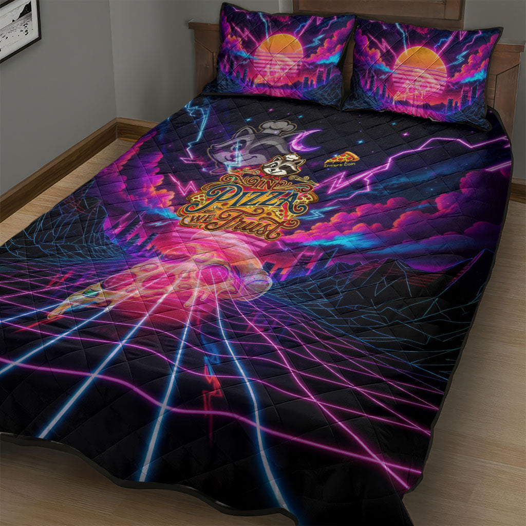 Retro Raccoon Eating Pizza Quilt Bed Set 80s Synthwave Pizza Arcade Neon Gaming Aesthetic