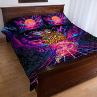 Retro Raccoon Eating Pizza Quilt Bed Set 80s Synthwave Pizza Arcade Neon Gaming Aesthetic