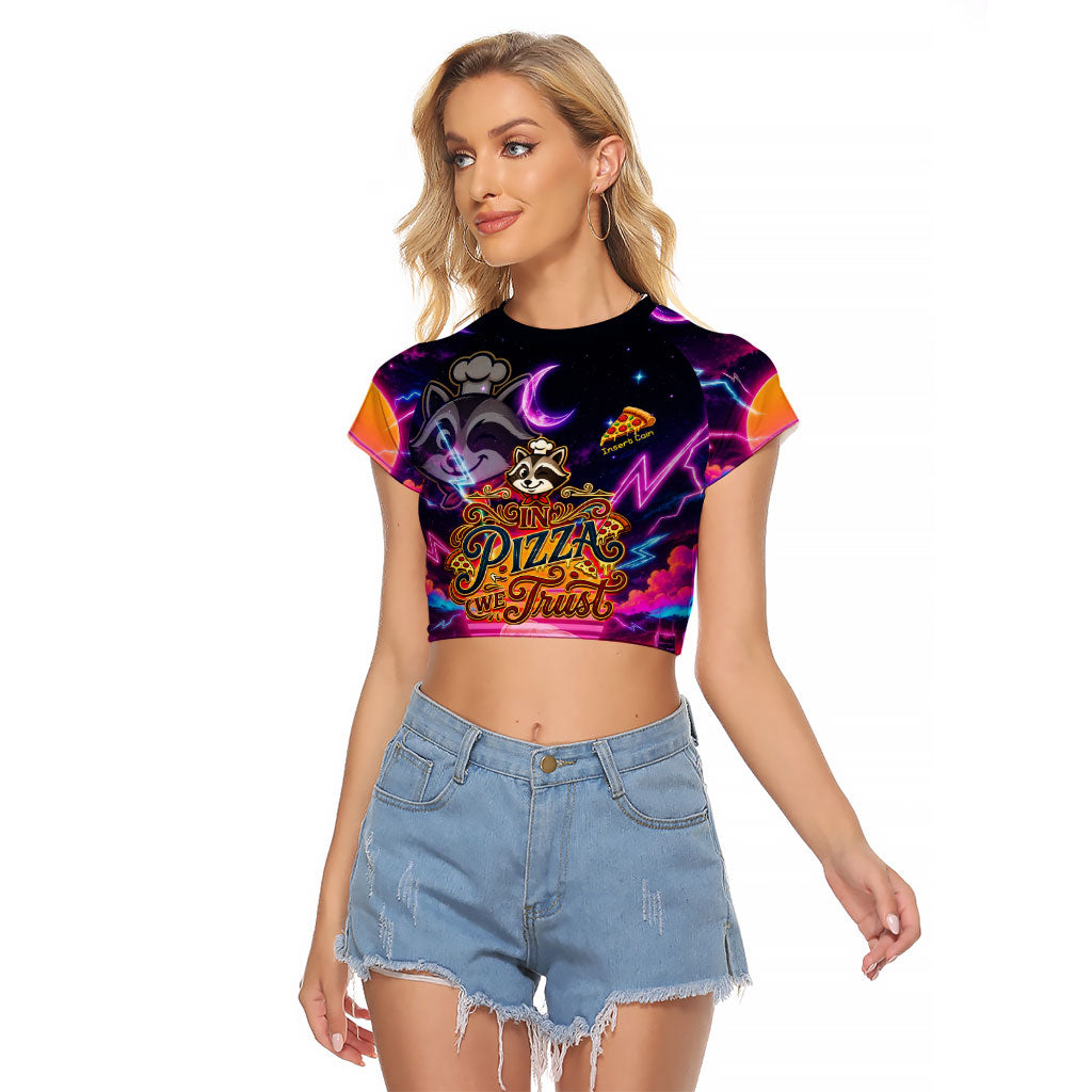 Retro Raccoon Eating Pizza Raglan Cropped T Shirt 80s Synthwave Pizza Arcade Neon Gaming Aesthetic