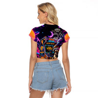 Retro Raccoon Eating Pizza Raglan Cropped T Shirt 80s Synthwave Pizza Arcade Neon Gaming Aesthetic