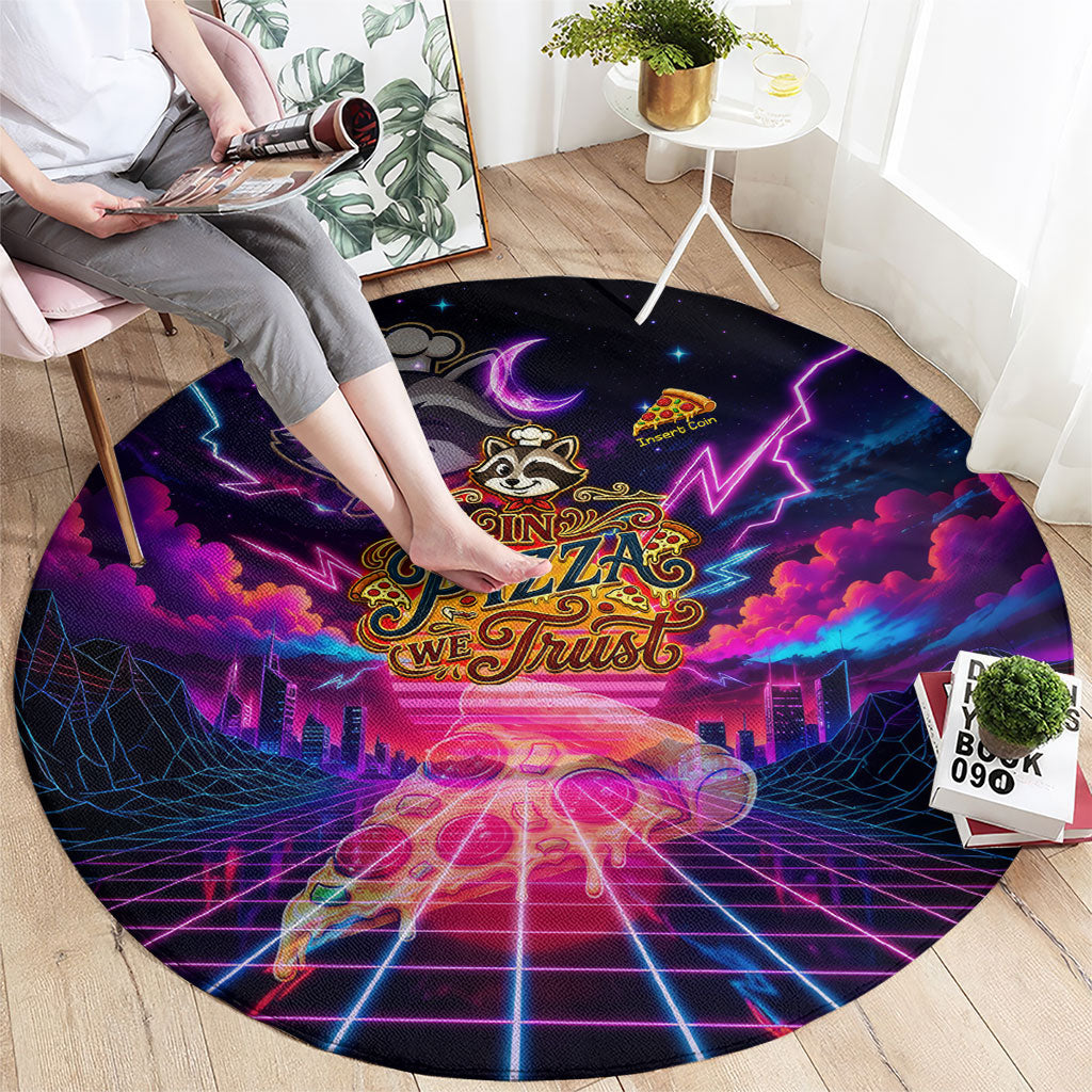 Retro Raccoon Eating Pizza Round Carpet 80s Synthwave Pizza Arcade Neon Gaming Aesthetic