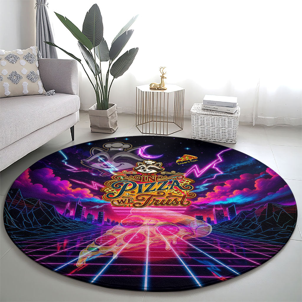 Retro Raccoon Eating Pizza Round Carpet 80s Synthwave Pizza Arcade Neon Gaming Aesthetic