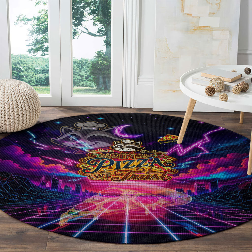 Retro Raccoon Eating Pizza Round Carpet 80s Synthwave Pizza Arcade Neon Gaming Aesthetic