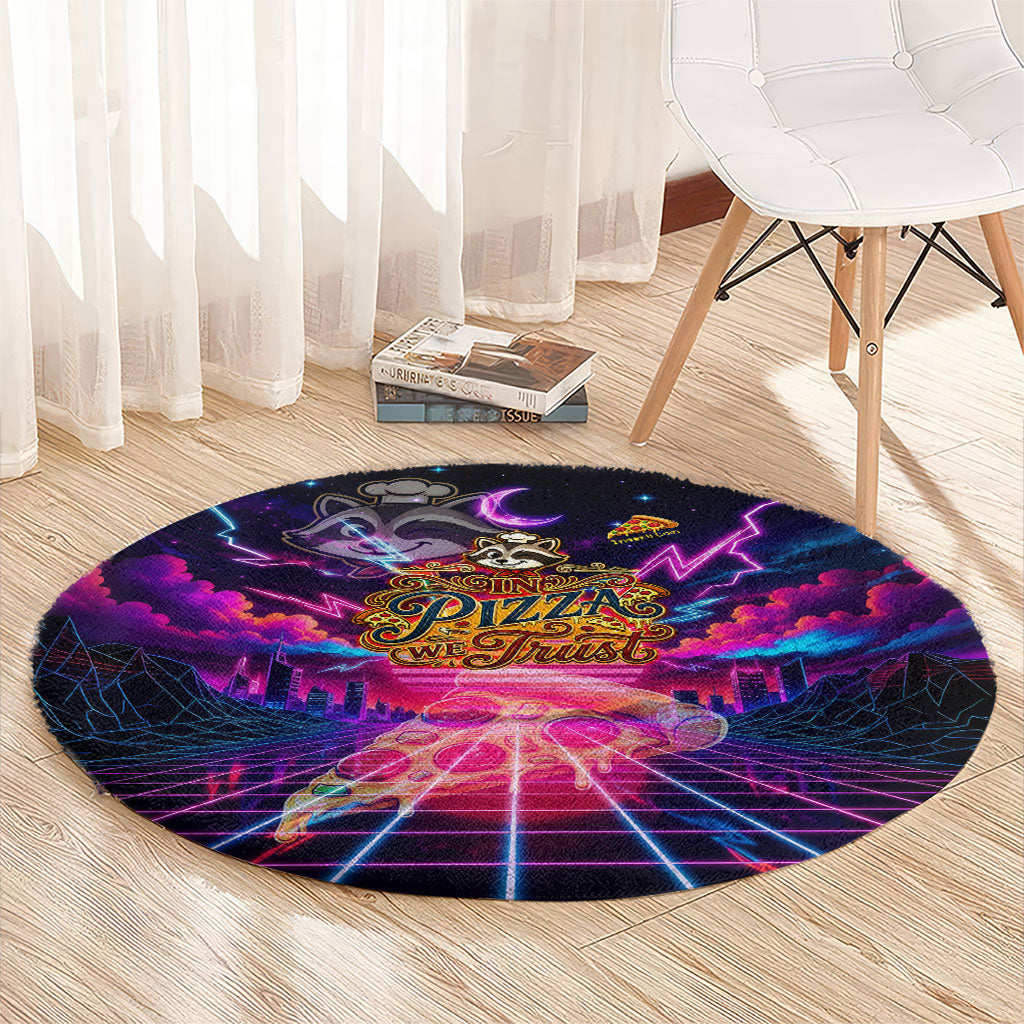 Retro Raccoon Eating Pizza Round Carpet 80s Synthwave Pizza Arcade Neon Gaming Aesthetic