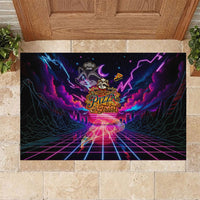 Retro Raccoon Eating Pizza Rubber Doormat 80s Synthwave Pizza Arcade Neon Gaming Aesthetic