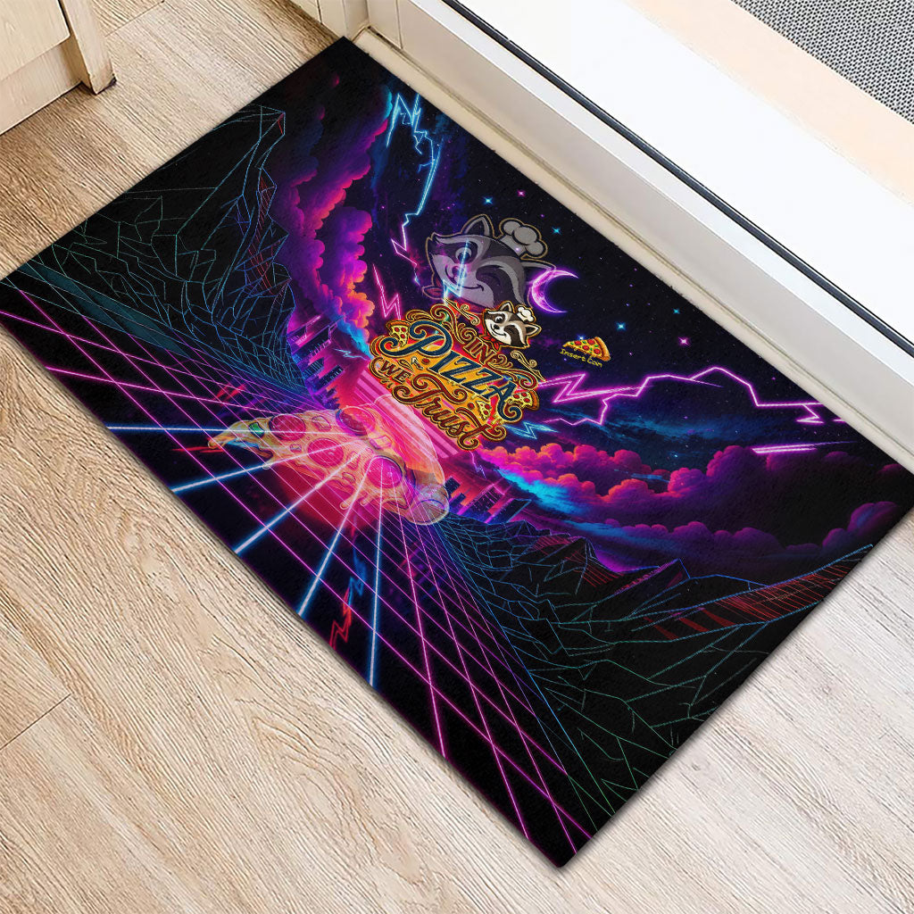 Retro Raccoon Eating Pizza Rubber Doormat 80s Synthwave Pizza Arcade Neon Gaming Aesthetic