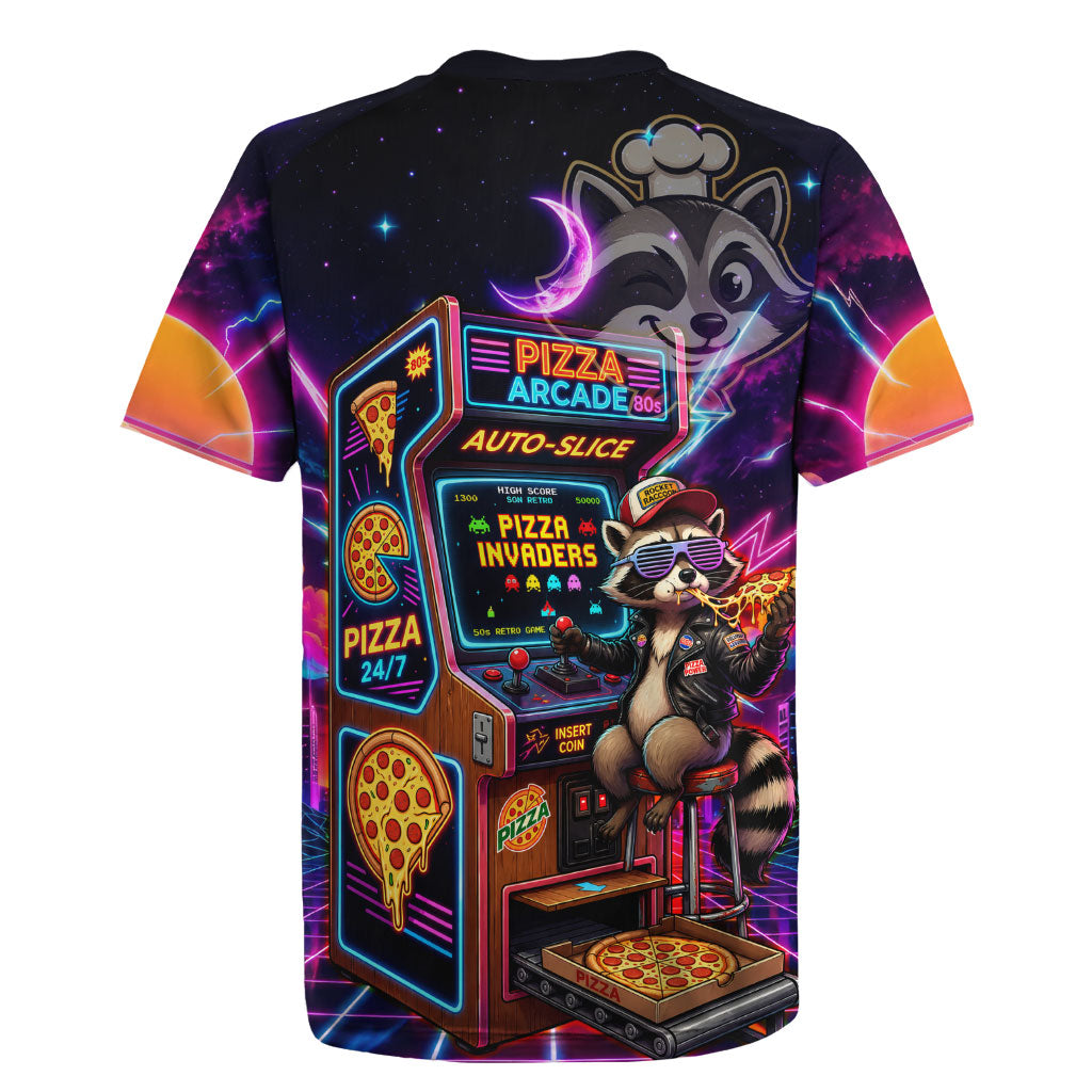 Retro Raccoon Eating Pizza Rugby Jersey 80s Synthwave Pizza Arcade Neon Gaming Aesthetic