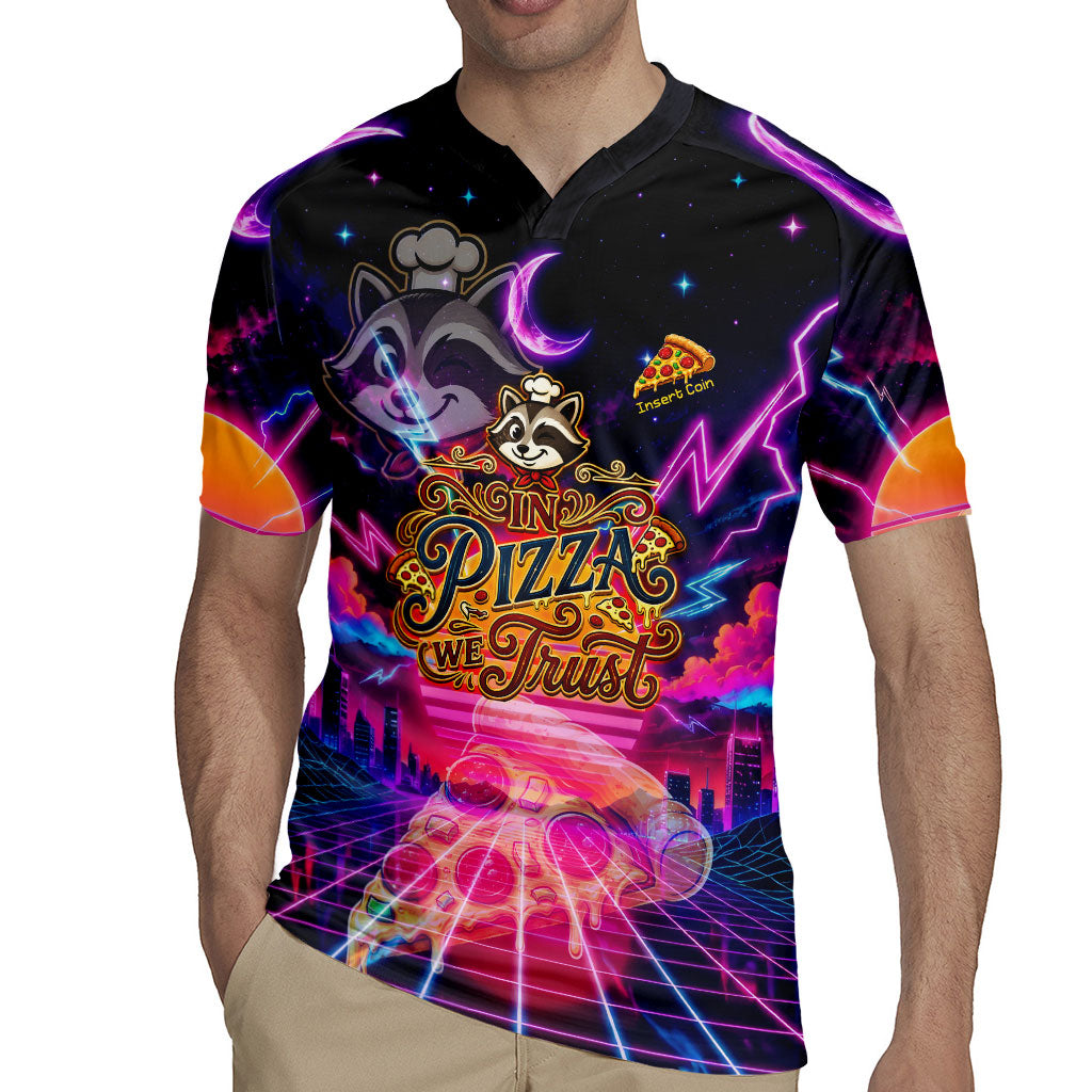 Retro Raccoon Eating Pizza Rugby Jersey 80s Synthwave Pizza Arcade Neon Gaming Aesthetic