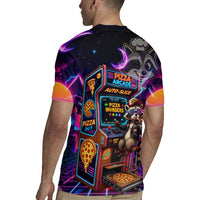 Retro Raccoon Eating Pizza Rugby Jersey 80s Synthwave Pizza Arcade Neon Gaming Aesthetic