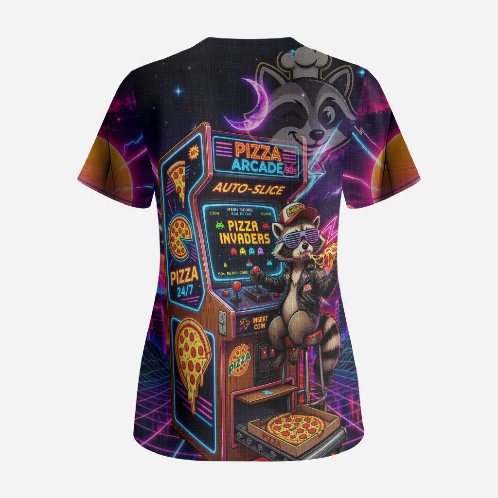 Retro Raccoon Eating Pizza Scrub Top 80s Synthwave Pizza Arcade Neon Gaming Aesthetic