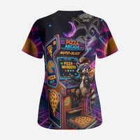 Retro Raccoon Eating Pizza Scrub Top 80s Synthwave Pizza Arcade Neon Gaming Aesthetic