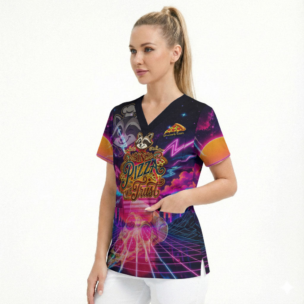 Retro Raccoon Eating Pizza Scrub Top 80s Synthwave Pizza Arcade Neon Gaming Aesthetic